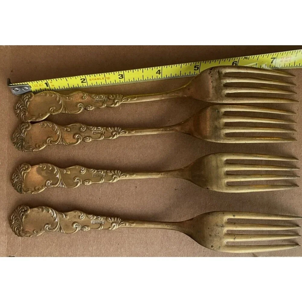 Vintage Waldo HE Gold Tone Brass Dinner Forks Lot of 4 Rococo Scroll Flatware 7